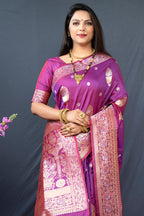 Monjolika Fashion Dark Magenta Banarasi Silk Blend Saree with Zari Weaving | Grocsy