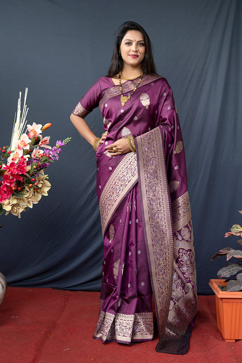 Monjolika Fashion Wine Banarasi Silk Blend Saree with Zari Weaving | Grocsy