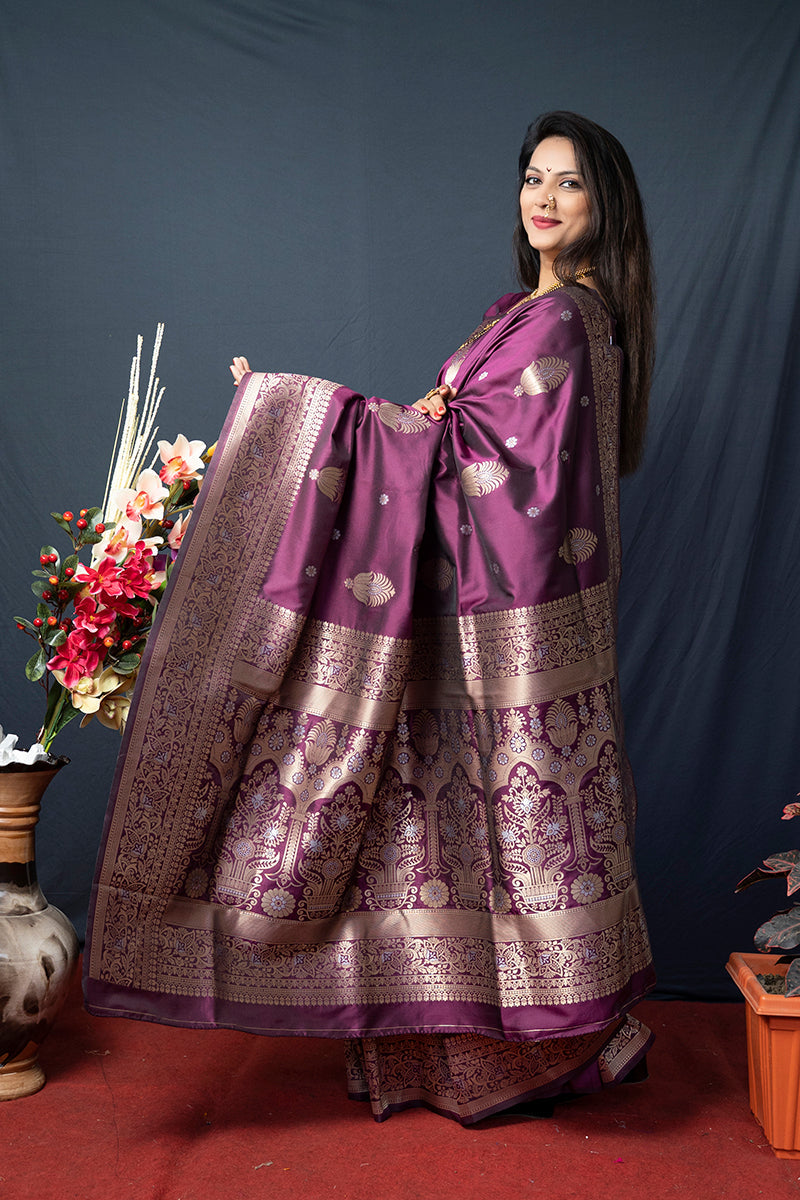 Monjolika Fashion Wine Banarasi Silk Blend Saree with Zari Weaving | Grocsy
