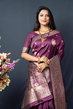 Monjolika Fashion Wine Banarasi Silk Blend Saree with Zari Weaving | Grocsy