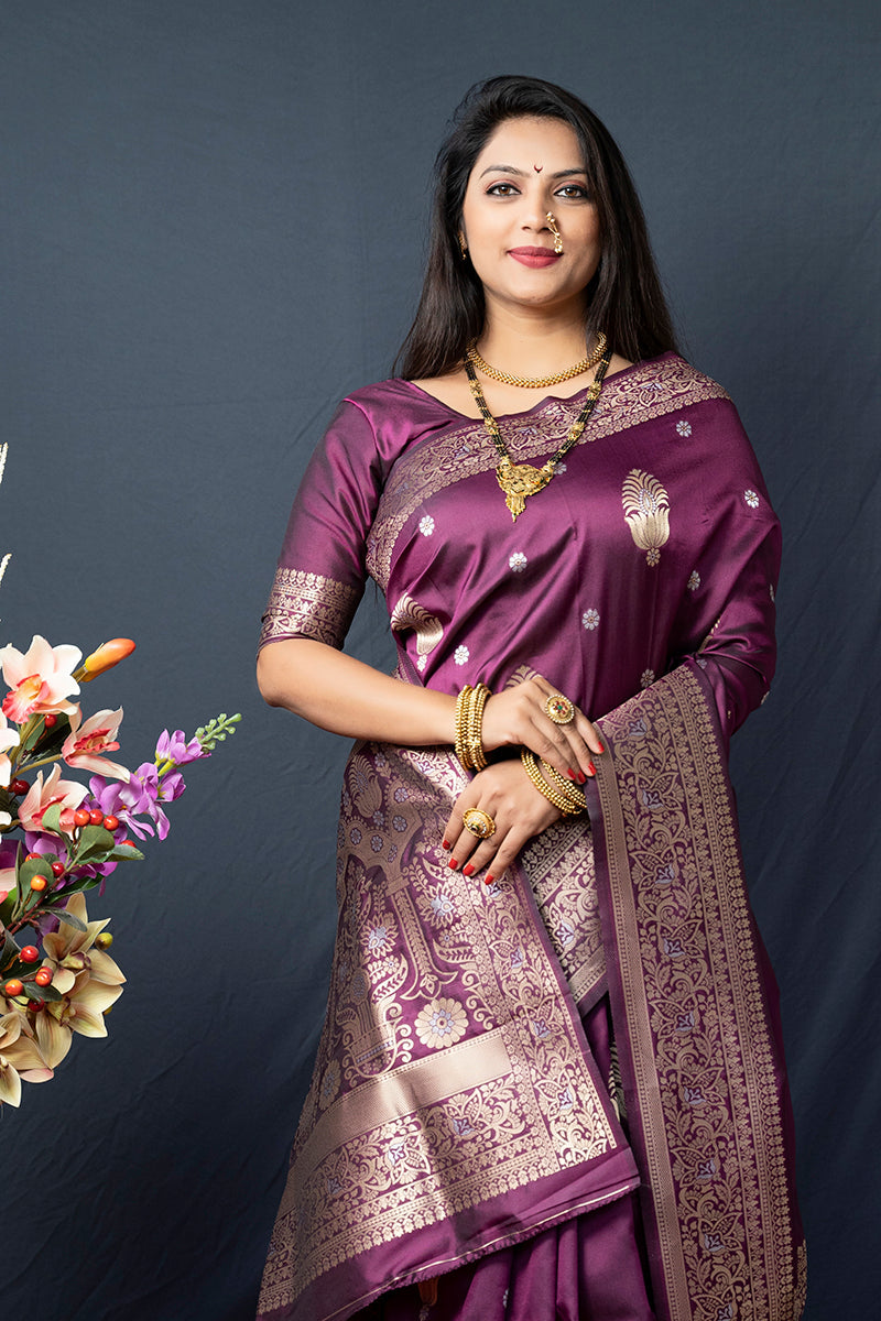 Monjolika Fashion Wine Banarasi Silk Blend Saree with Zari Weaving | Grocsy