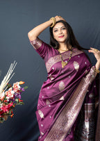 Monjolika Fashion Wine Banarasi Silk Blend Saree with Zari Weaving | Grocsy