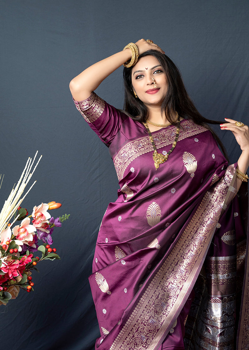 Monjolika Fashion Wine Banarasi Silk Blend Saree with Zari Weaving | Grocsy