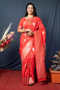 Monjolika Fashion Red Banarasi Silk Blend Saree with Zari Weaving | Grocsy