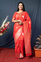 Monjolika Fashion Red Banarasi Silk Blend Saree with Zari Weaving | Grocsy