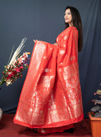 Monjolika Fashion Red Banarasi Silk Blend Saree with Zari Weaving | Grocsy