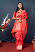 Monjolika Fashion Red Banarasi Silk Blend Saree with Zari Weaving | Grocsy