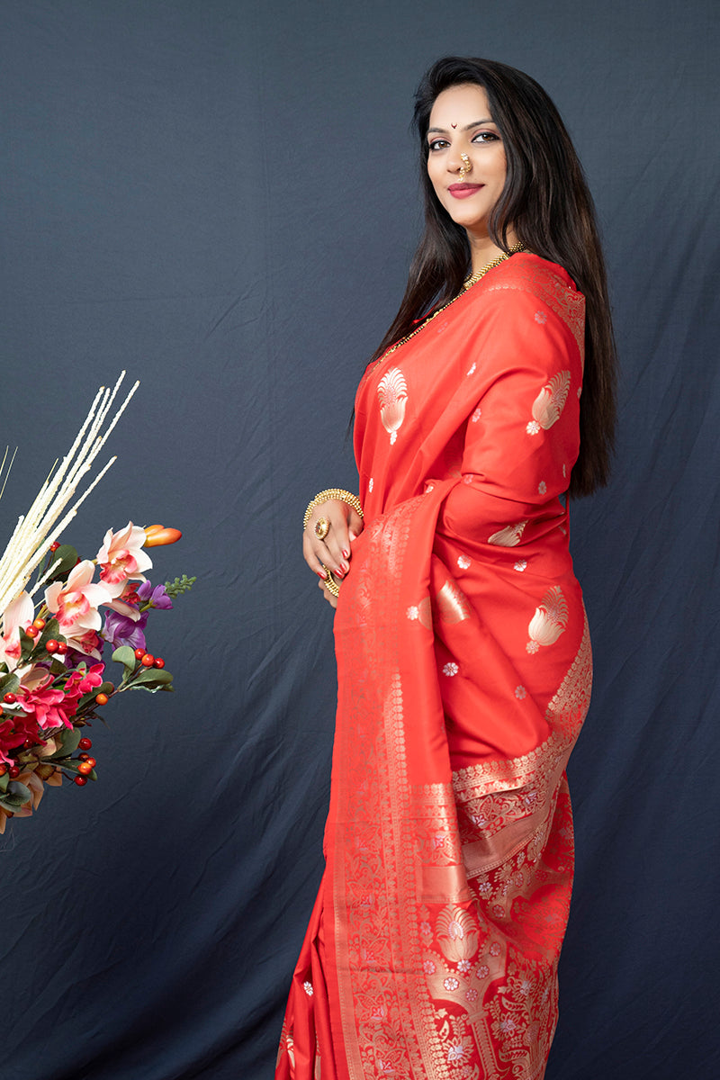 Monjolika Fashion Red Banarasi Silk Blend Saree with Zari Weaving | Grocsy