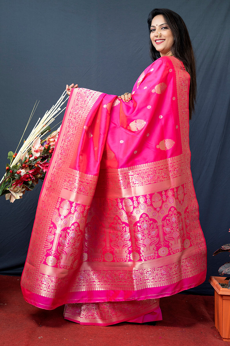 Monjolika Fashion Hot Pink Banarasi Silk Blend Saree with Zari Weaving | Grocsy