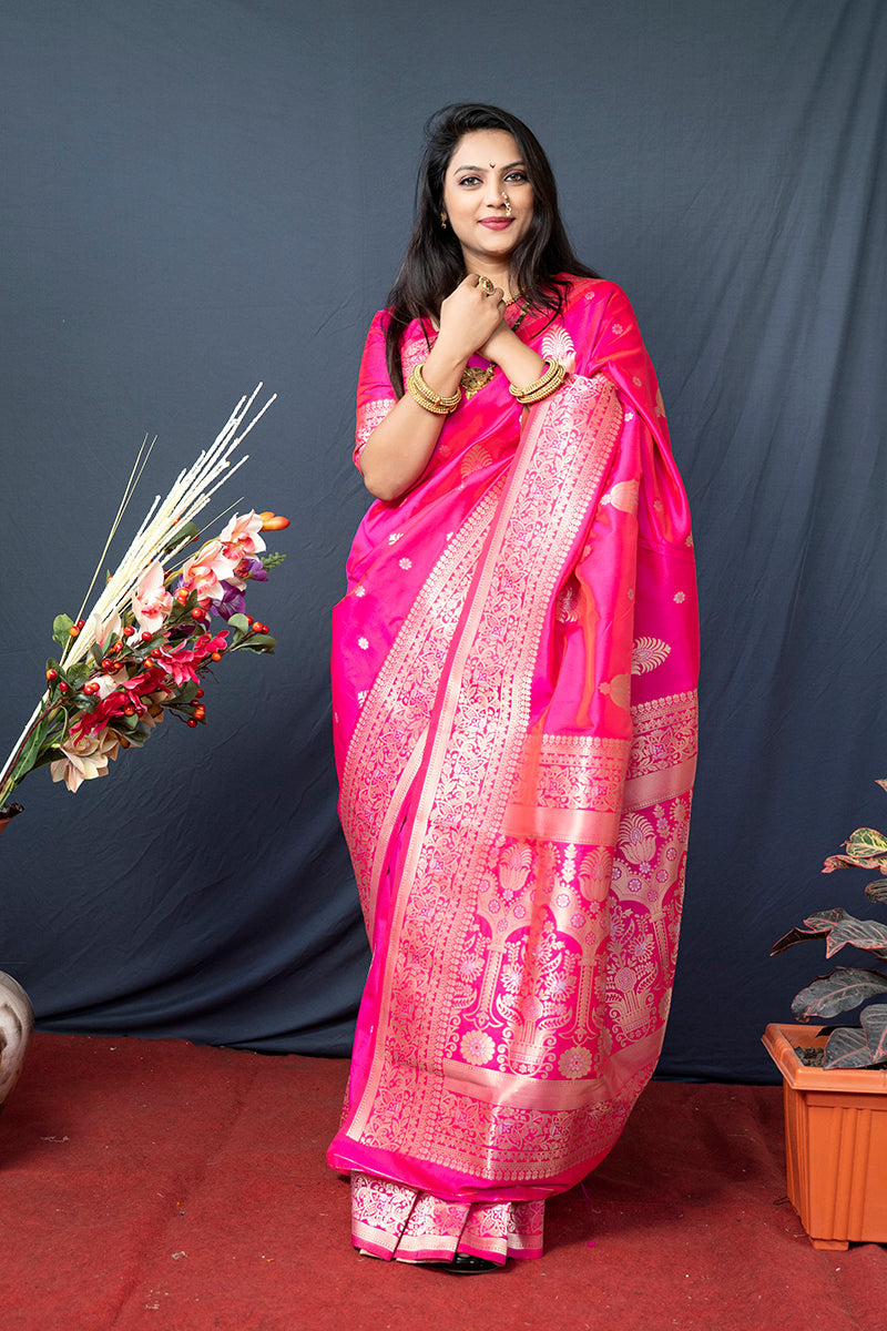 Monjolika Fashion Hot Pink Banarasi Silk Blend Saree with Zari Weaving | Grocsy