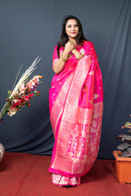 Monjolika Fashion Hot Pink Banarasi Silk Blend Saree with Zari Weaving | Grocsy