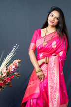Monjolika Fashion Hot Pink Banarasi Silk Blend Saree with Zari Weaving | Grocsy