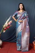 Monjolika Fashion Grey Banarasi Silk Blend Saree with Zari Weaving | Grocsy