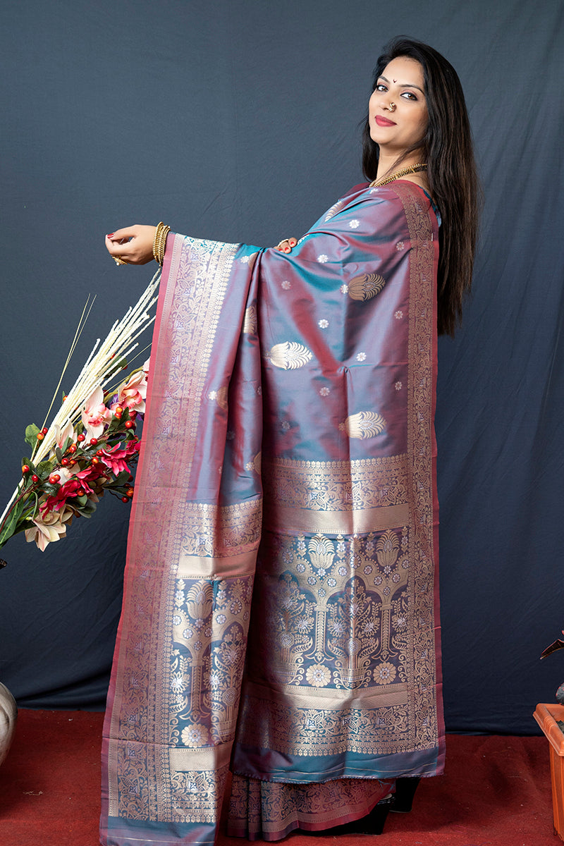 Monjolika Fashion Grey Banarasi Silk Blend Saree with Zari Weaving | Grocsy