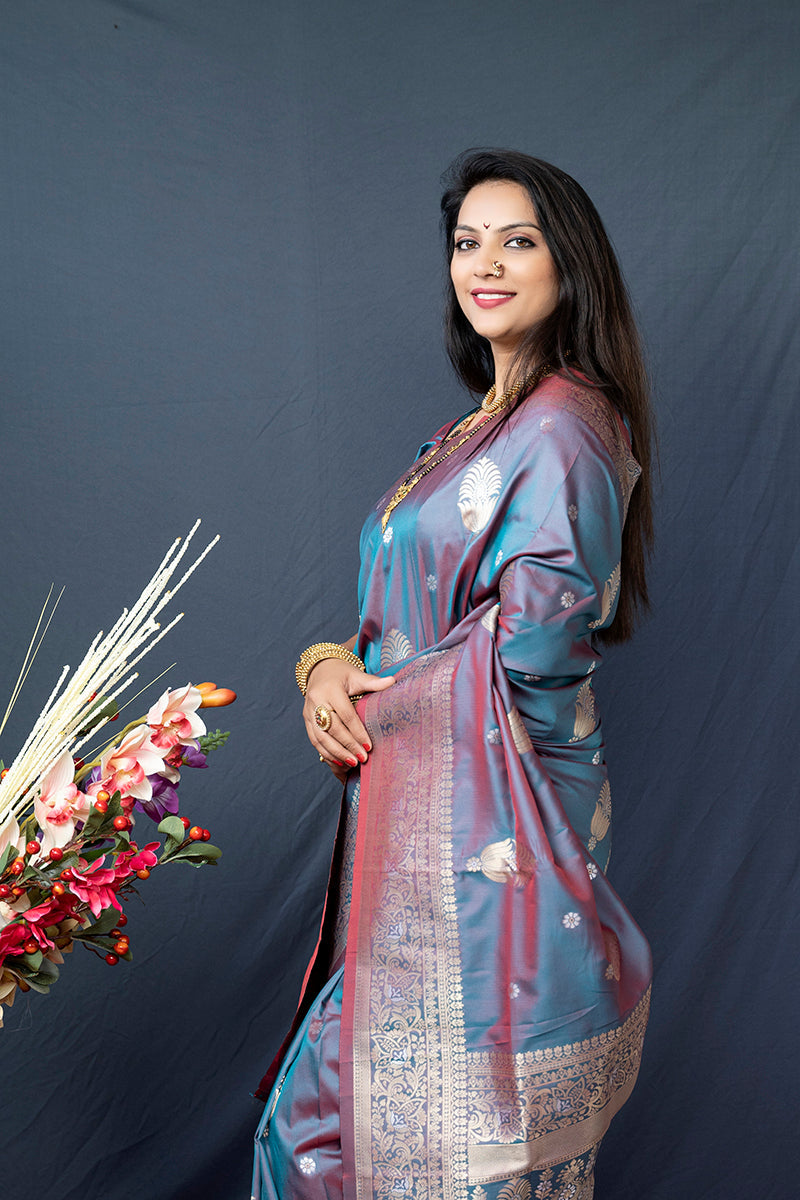 Monjolika Fashion Grey Banarasi Silk Blend Saree with Zari Weaving | Grocsy