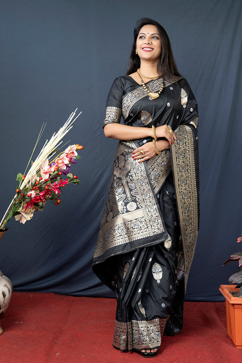 Monjolika Fashion Black Banarasi Silk Blend Saree with Zari Weaving | Grocsy