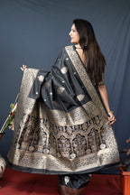 Monjolika Fashion Black Banarasi Silk Blend Saree with Zari Weaving | Grocsy