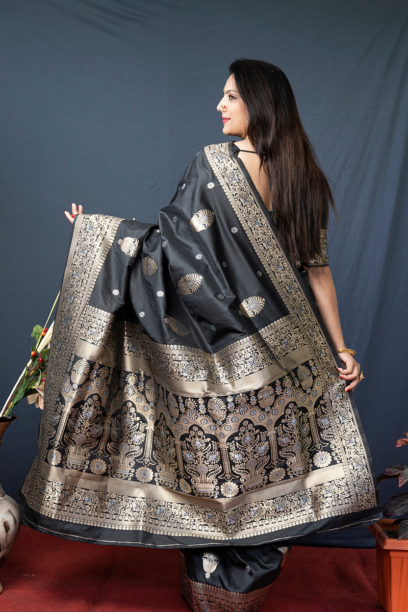 Monjolika Fashion Black Banarasi Silk Blend Saree with Zari Weaving | Grocsy