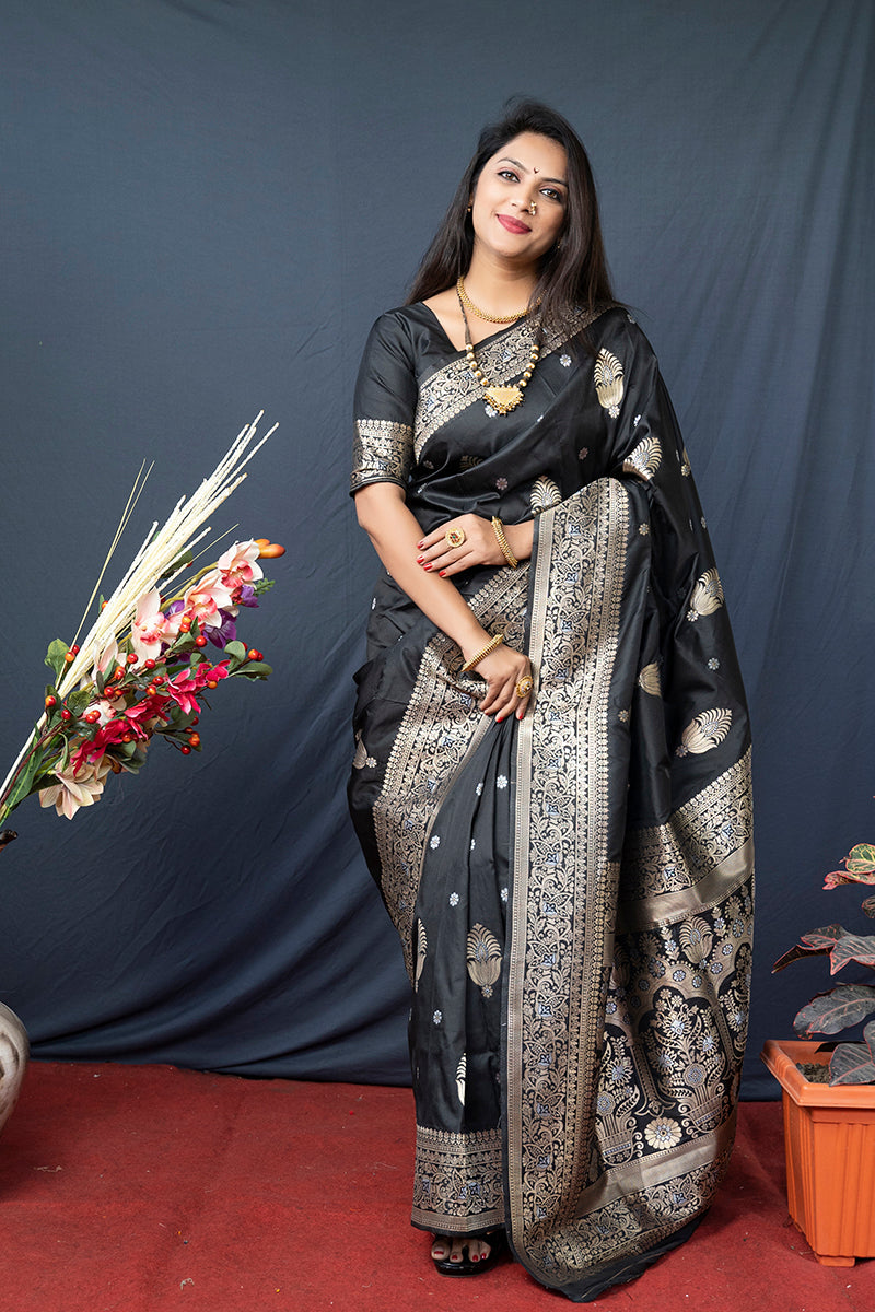 Monjolika Fashion Black Banarasi Silk Blend Saree with Zari Weaving | Grocsy