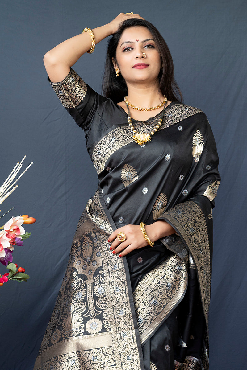 Monjolika Fashion Black Banarasi Silk Blend Saree with Zari Weaving | Grocsy