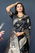 Monjolika Fashion Black Banarasi Silk Blend Saree with Zari Weaving | Grocsy