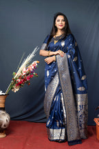 Monjolika Fashion Navy Blue Banarasi Silk Blend Saree with Zari Weaving | Grocsy