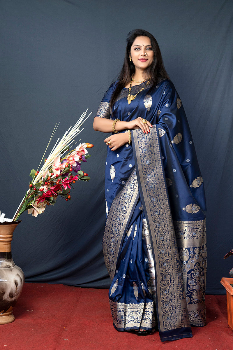 Monjolika Fashion Navy Blue Banarasi Silk Blend Saree with Zari Weaving | Grocsy