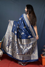 Monjolika Fashion Navy Blue Banarasi Silk Blend Saree with Zari Weaving | Grocsy