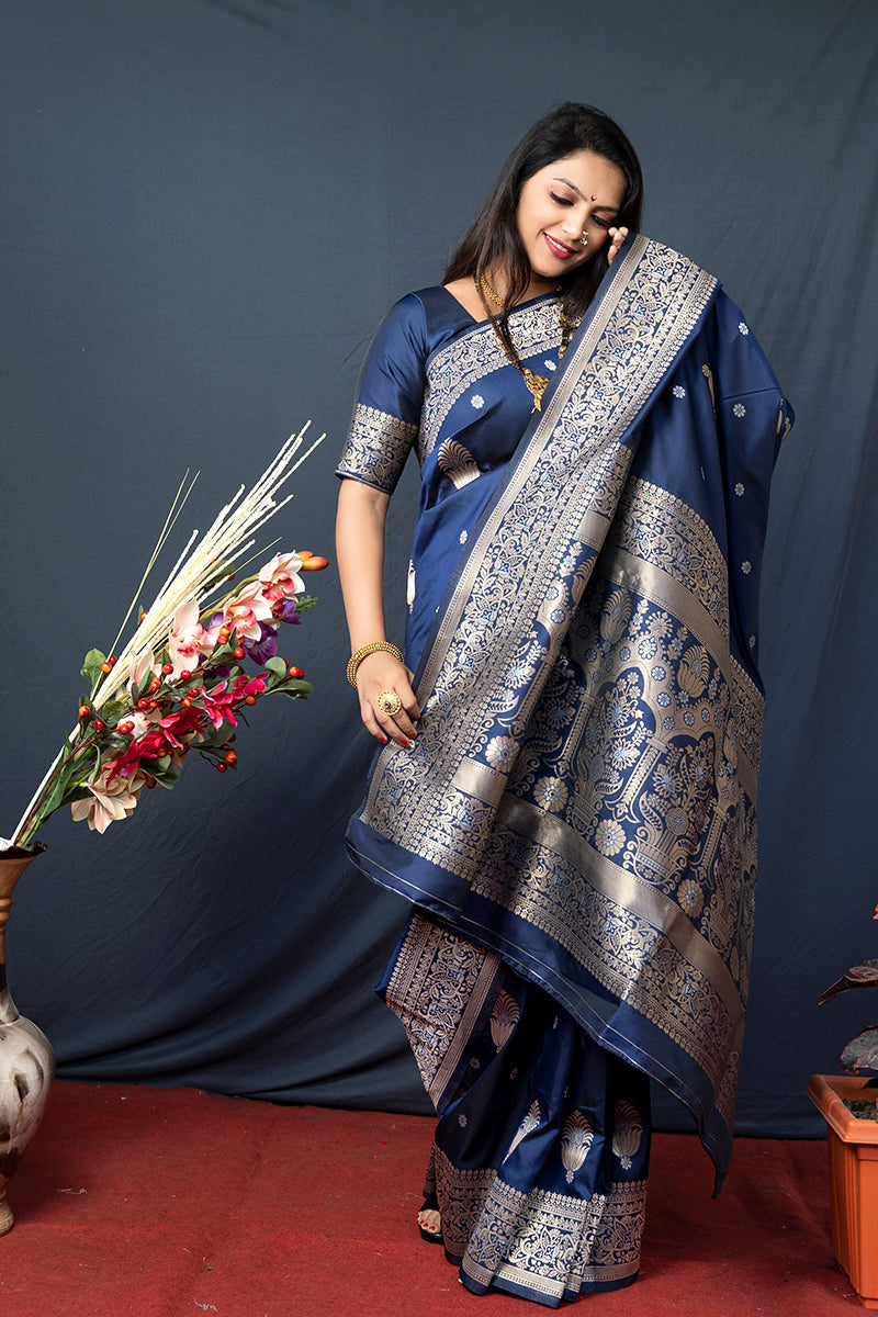 Monjolika Fashion Navy Blue Banarasi Silk Blend Saree with Zari Weaving | Grocsy