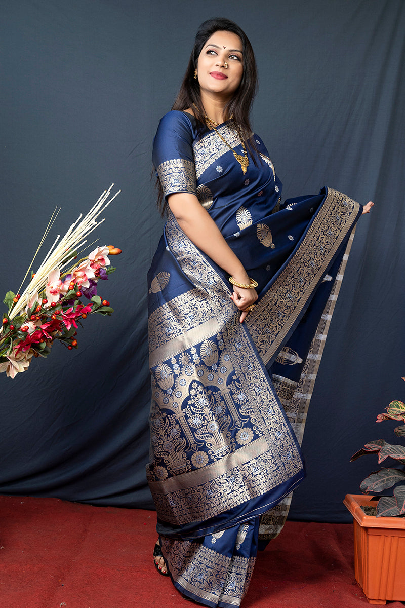 Monjolika Fashion Navy Blue Banarasi Silk Blend Saree with Zari Weaving | Grocsy
