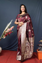 Monjolika Fashion Maroon Banarasi Silk Blend Saree with Zari Weaving | Grocsy
