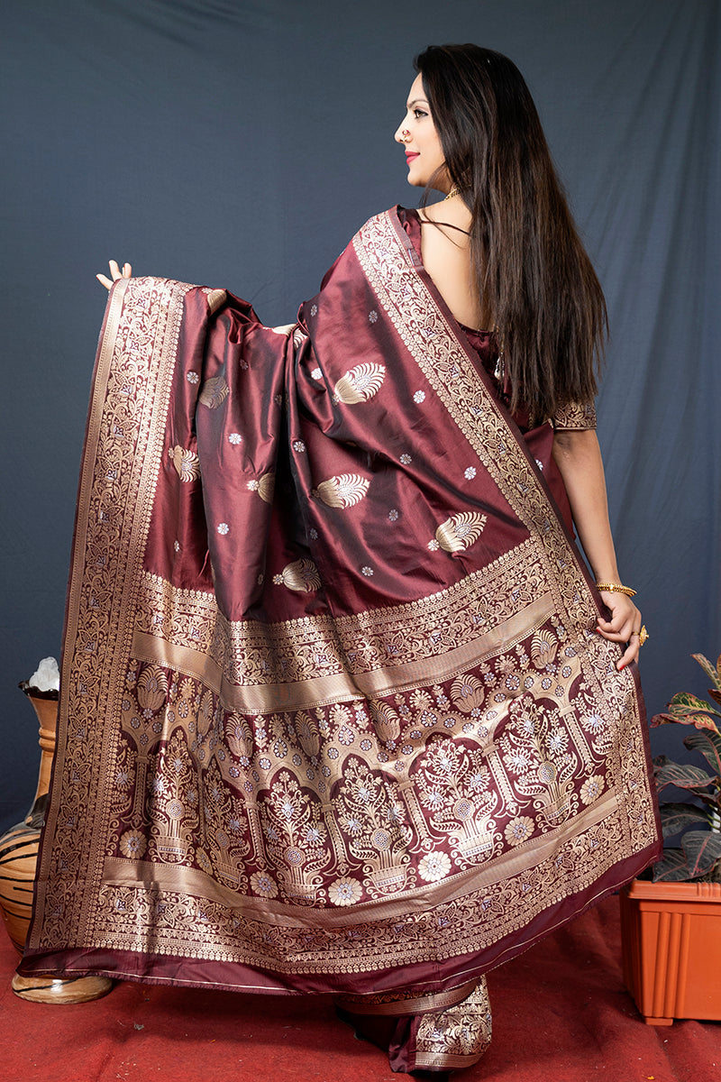Monjolika Fashion Maroon Banarasi Silk Blend Saree with Zari Weaving | Grocsy