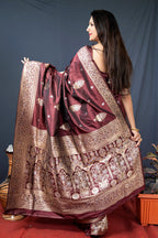 Monjolika Fashion Maroon Banarasi Silk Blend Saree with Zari Weaving | Grocsy