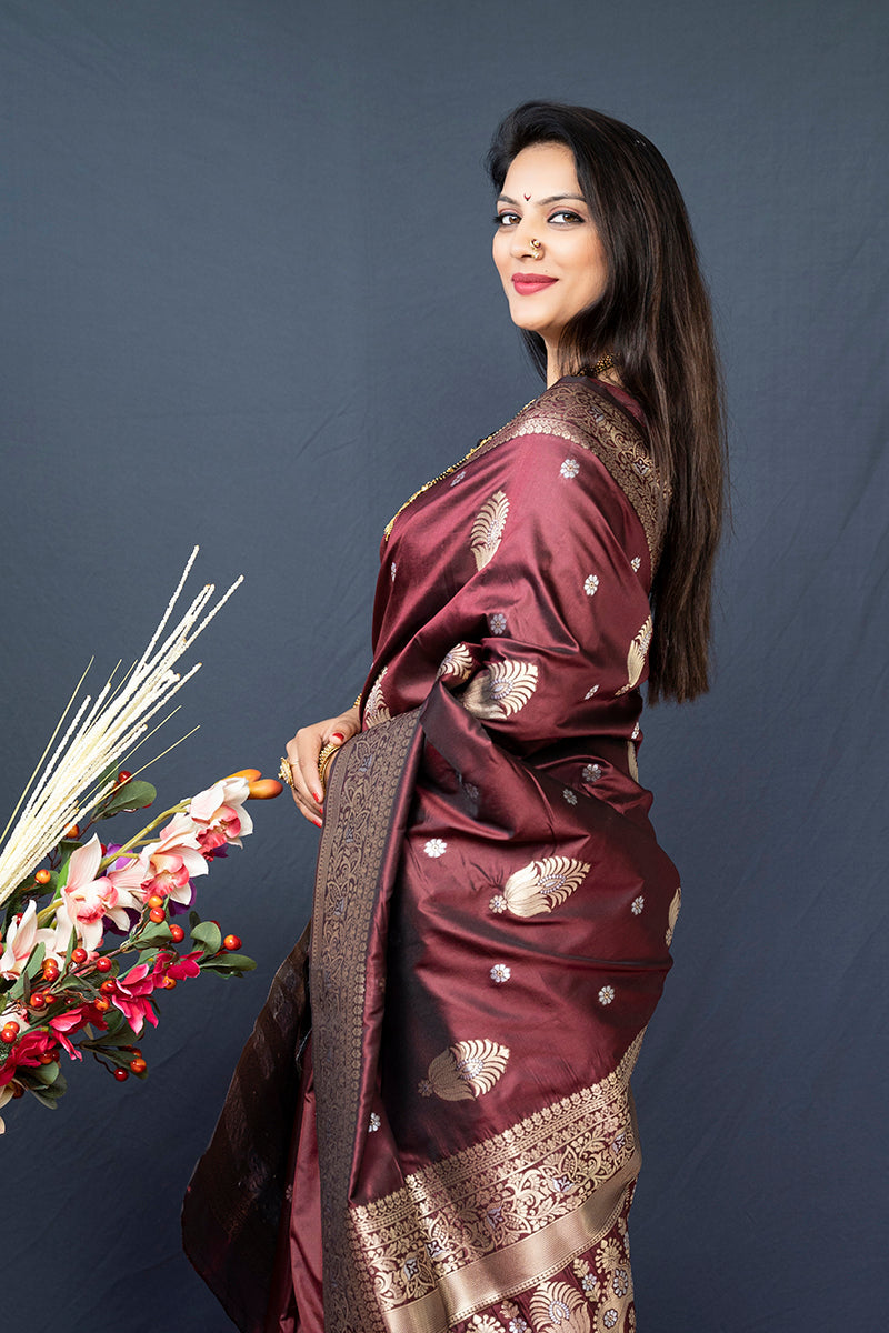 Monjolika Fashion Maroon Banarasi Silk Blend Saree with Zari Weaving | Grocsy
