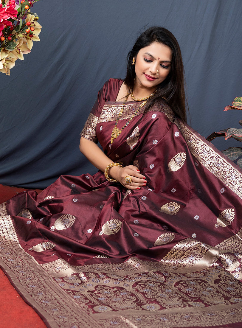 Monjolika Fashion Maroon Banarasi Silk Blend Saree with Zari Weaving | Grocsy