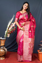 Monjolika Fashion Rani Pink Banarasi Silk Blend Saree with Zari Weaving | Grocsy