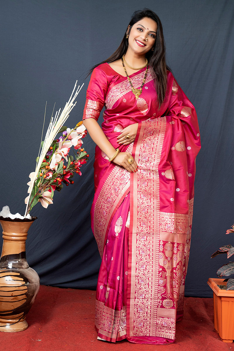 Monjolika Fashion Rani Pink Banarasi Silk Blend Saree with Zari Weaving | Grocsy