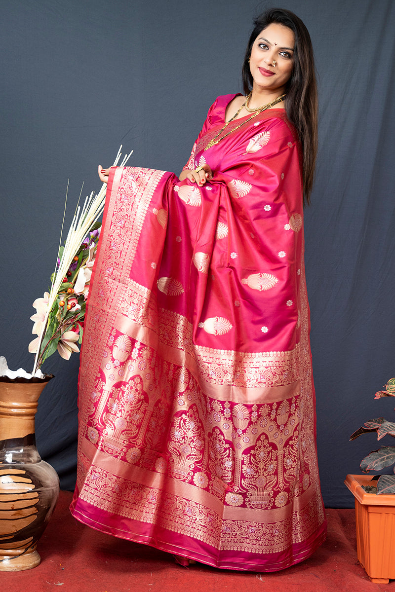 Monjolika Fashion Rani Pink Banarasi Silk Blend Saree with Zari Weaving | Grocsy