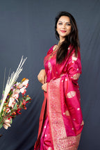 Monjolika Fashion Rani Pink Banarasi Silk Blend Saree with Zari Weaving | Grocsy