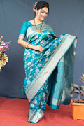Monjolika Fashion Aqua Blue Banarasi Silk Blend Saree With Floral Zari Weaving | Grocsy