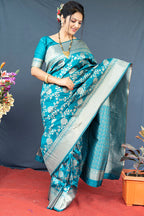 Monjolika Fashion Aqua Blue Banarasi Silk Blend Saree With Floral Zari Weaving | Grocsy