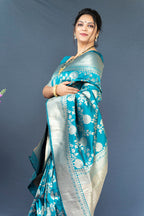 Monjolika Fashion Aqua Blue Banarasi Silk Blend Saree With Floral Zari Weaving | Grocsy