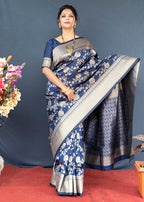 Monjolika Fashion Navy Blue Banarasi Silk Blend Saree With Floral Zari Weaving | Grocsy