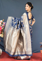 Monjolika Fashion Navy Blue Banarasi Silk Blend Saree With Floral Zari Weaving | Grocsy