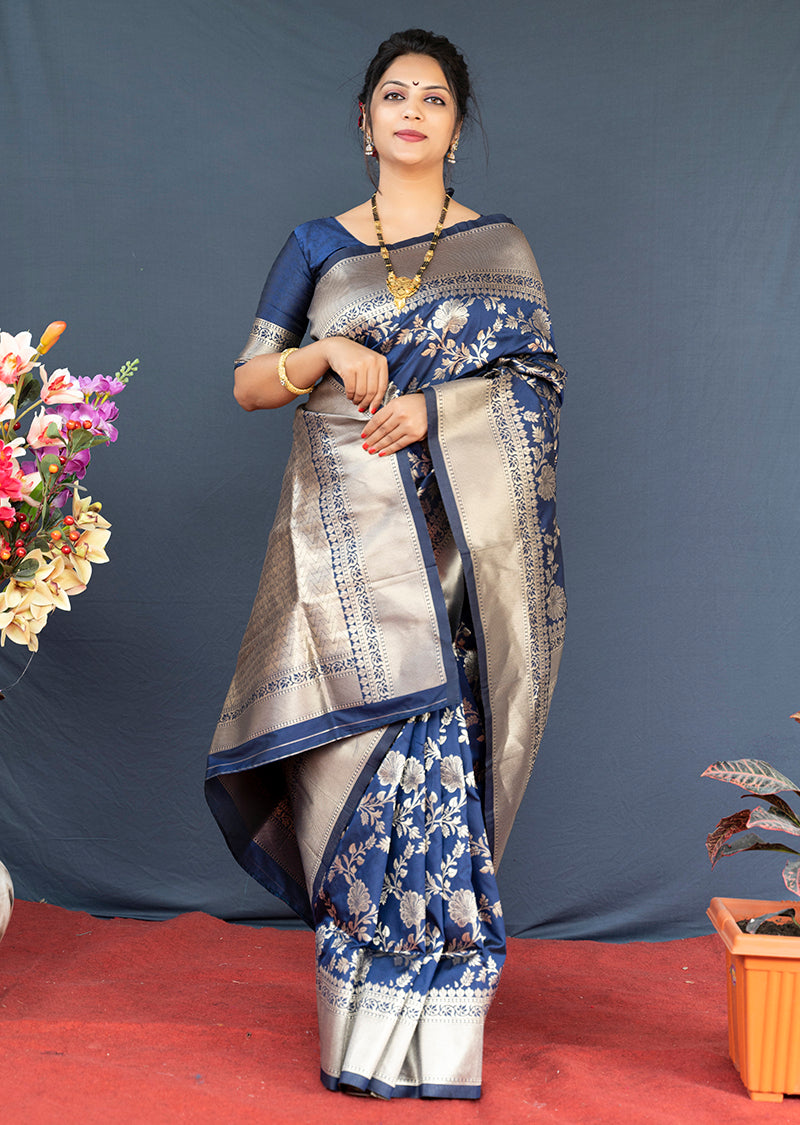 Monjolika Fashion Navy Blue Banarasi Silk Blend Saree With Floral Zari Weaving | Grocsy