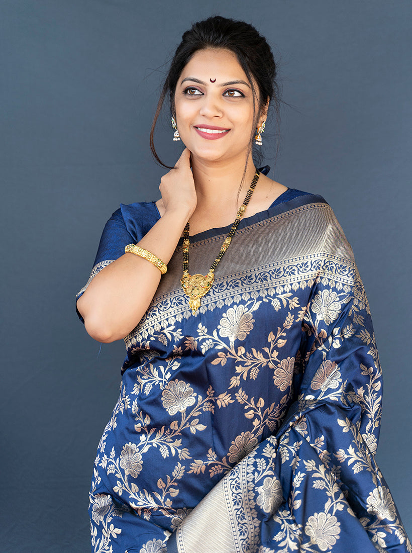 Monjolika Fashion Navy Blue Banarasi Silk Blend Saree With Floral Zari Weaving | Grocsy