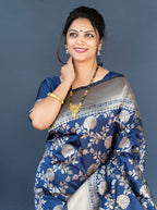 Monjolika Fashion Navy Blue Banarasi Silk Blend Saree With Floral Zari Weaving | Grocsy