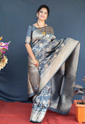 Monjolika Fashion Grey Banarasi Silk Blend Saree With Floral Zari Weaving | Grocsy