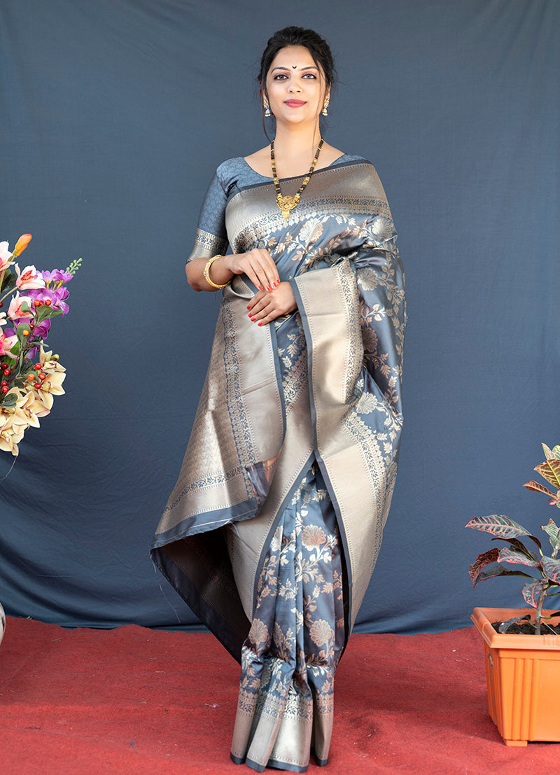 Monjolika Fashion Grey Banarasi Silk Blend Saree With Floral Zari Weaving | Grocsy
