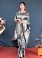 Monjolika Fashion Grey Banarasi Silk Blend Saree With Floral Zari Weaving | Grocsy